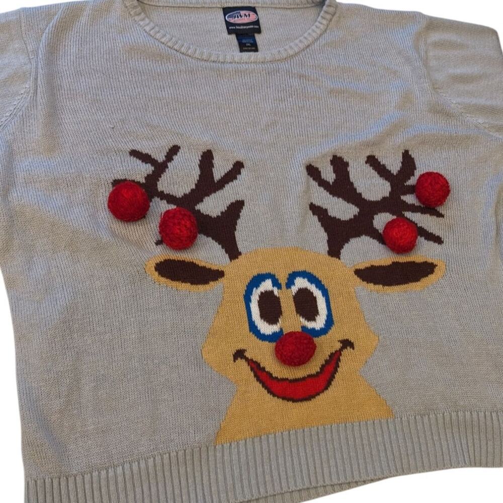 Ugly Christmas Sweater Women 2XL Reindeer 3D PomPom Acrylic Pullover Long Sleeve